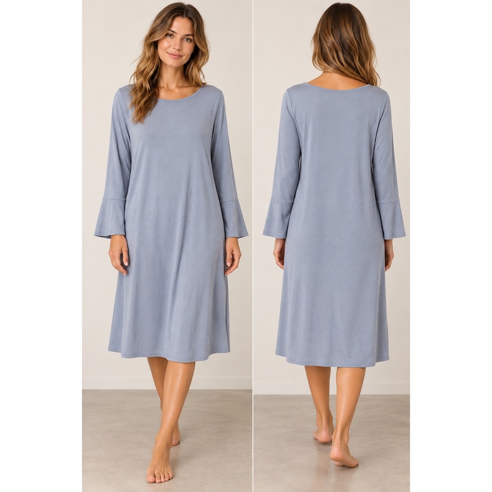 Eileen Fisher Blue Jersey Knit Bell Sleeve A-Line Dress Large